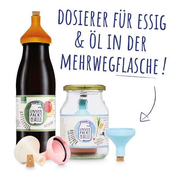 3 dosierer mit kork stopfen und gummi dichtring neben apfelessig mehrwegflasche