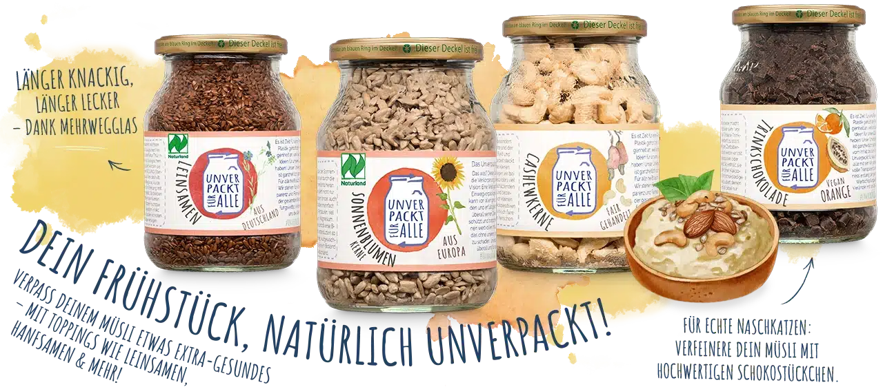 Dein Frühstück. natürlich unverpackt! Gesunde Müsli-Toppings im Mehrwegglas.